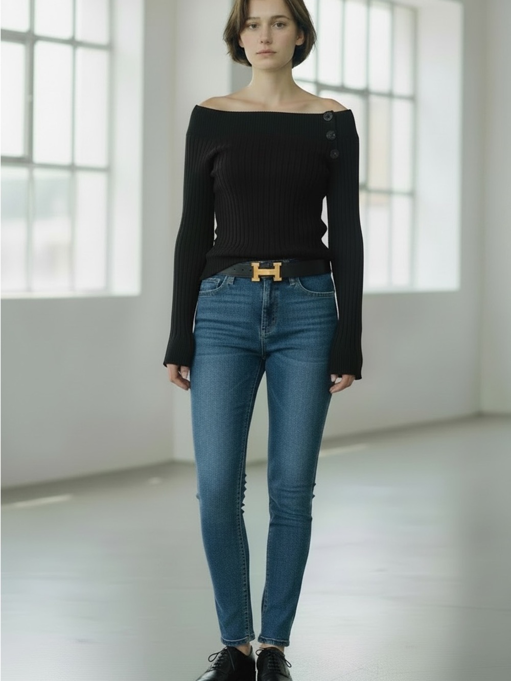 bebe Black Off-Shoulder Ribbed Button Sweater